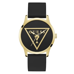 Guess Men's Black & Gold Logo Dial Black Silicone Strap Watch