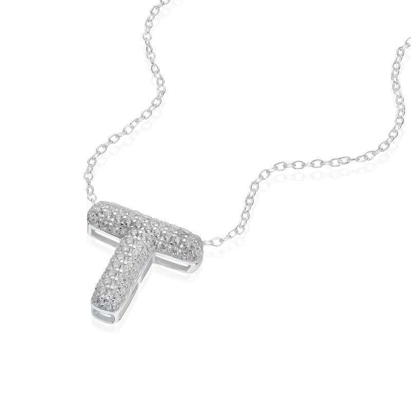 Main Image 2 of Sterling Silver Cubic Zirconia 'T' Bubble Initial Necklace