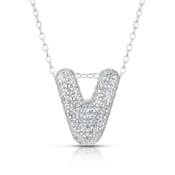 Sterling Silver Cubic Zirconia V Bubble Initial Necklace