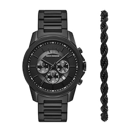 Armani Exchange Men's Black Dial Black Tone Bracelet Watch & Bracelet Set