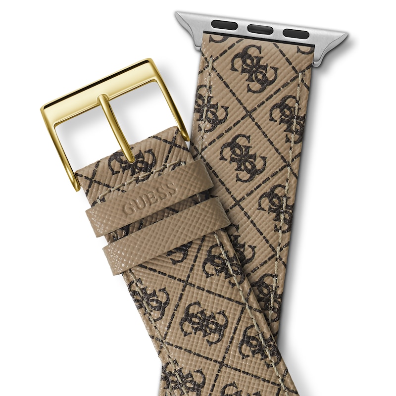 Guess Tan Logo Pattern Leather Apple Watch Strap- 42-44mm