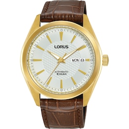 Lorus Automatic Men's White Dial Gold Tone Case Brown Leather Strap Watch