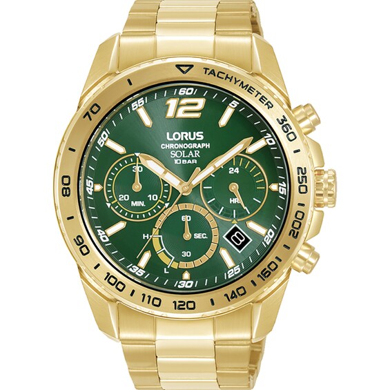 Lorus Solar Mens Chronograph Green Dial Gold Tone Stainless 