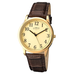 Limit Men's Yellow Gold Plate & Brown Crocodile Strap Watch