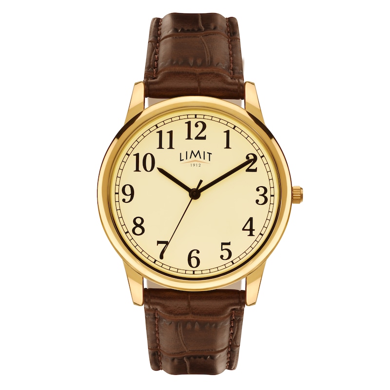 Limit Men's Yellow Gold Plate & Brown Crocodile Strap Watch