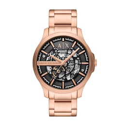 Armani Exchange Men's Black Skeleton Dial Rose Gold Bracelet Watch