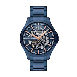 Armani Exchange Men's Rose Tone Skeleton Dial Blue Tone Bracelet Watch