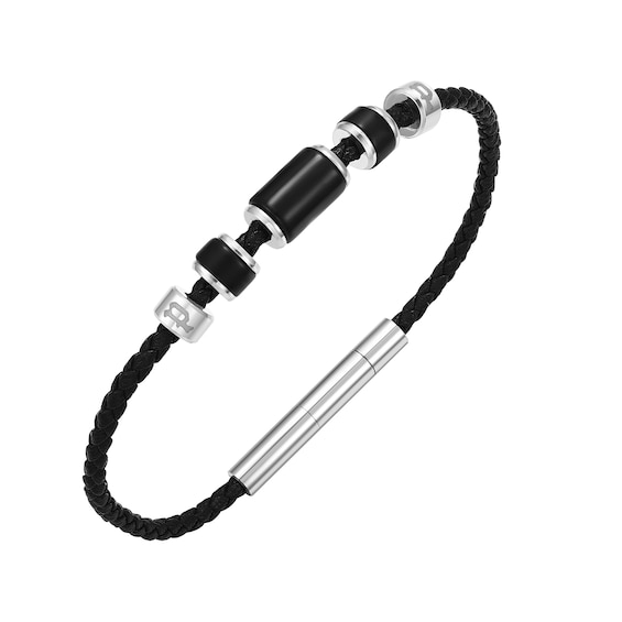 Police Bullion Men's Stainless Steel Onyx Beaded Black Leather Bracelet