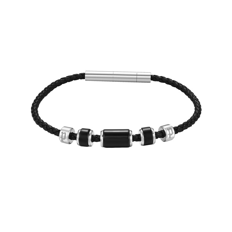 Main Image 2 of Police Bullion Men's Stainless Steel Onyx Beaded Black Leather Bracelet