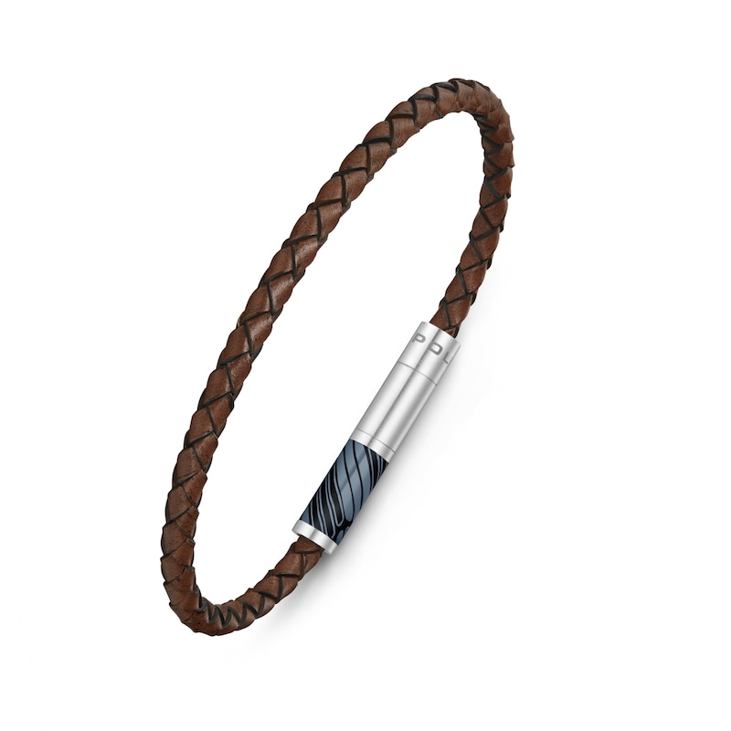 Main Image 1 of Police Plaint Men's Stainless Steel, Black & Charcoal Logo Brown Leather Bracelet