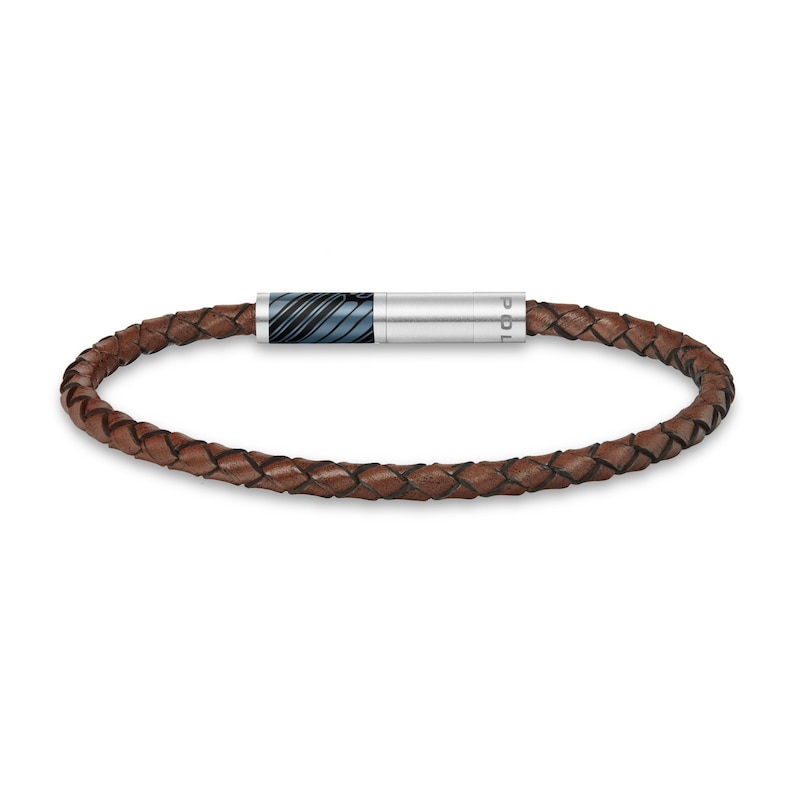 Main Image 2 of Police Plaint Men's Stainless Steel, Black & Charcoal Logo Brown Leather Bracelet