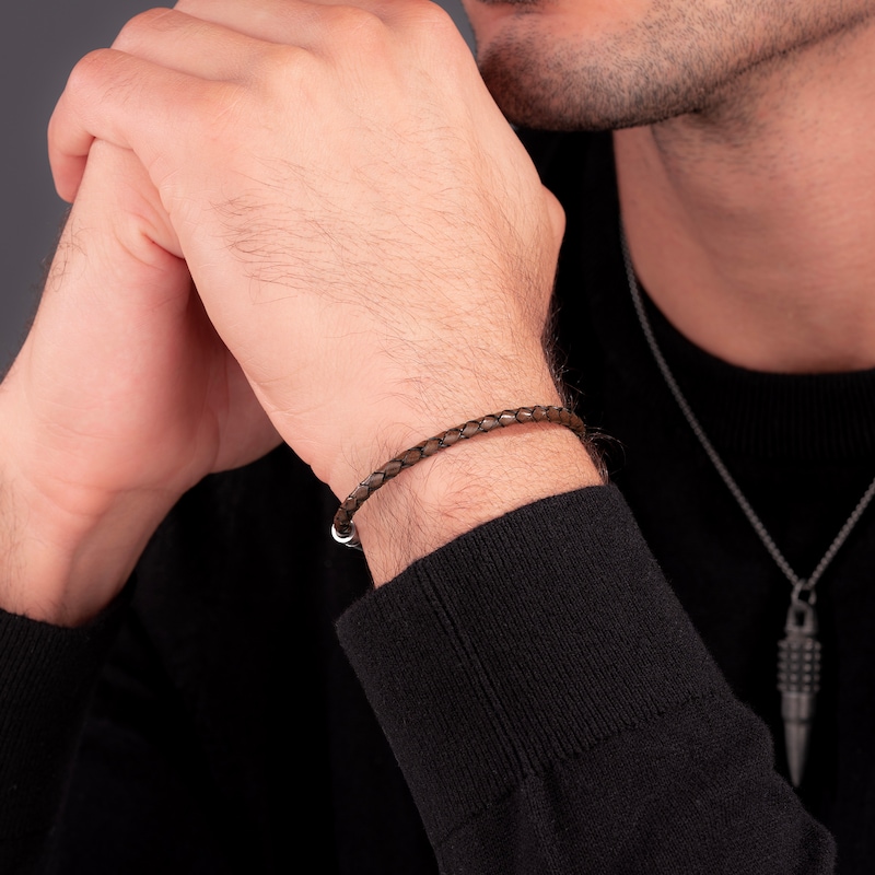 Main Image 4 of Police Plaint Men's Stainless Steel, Black & Charcoal Logo Brown Leather Bracelet