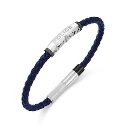 Police Warren Men's Stainless Steel Wing Logo Navy Leather Bracelet