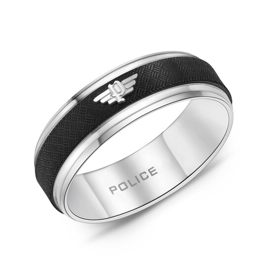 Police Men's Halo Stainless Steel Wing Logo Black Textured Ring- Size V