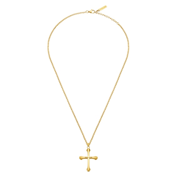Police Saint II Mens Gold Tone Cross Pendant Necklace