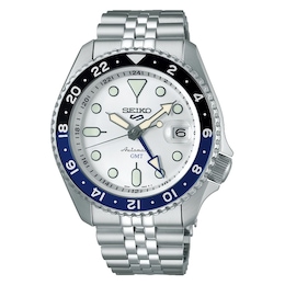 Seiko 5 Sports SKX GMT Men's Bi-Colour Bezel Silver Cloud Dial Bracelet Watch