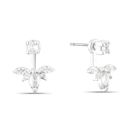 Silver Tone Cubic Zirconia Ear Jacket Leaf Stud Earrings
