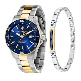 Maserati Competizione Men's Blue Dial Two Tone Watch & Bracelet Set