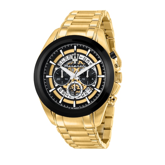 Maserati Traguardo Mens Skeleton Dial Gold Tone Bracelet Wat