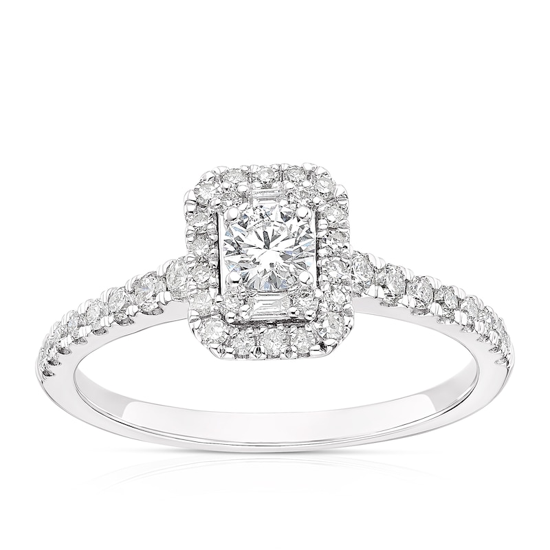 9ct White Gold 0.50ct Diamond Emerald Cut Halo Ring