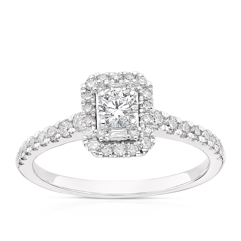 Main Image 1 of 9ct White Gold 0.50ct Diamond Emerald Cut Halo Ring