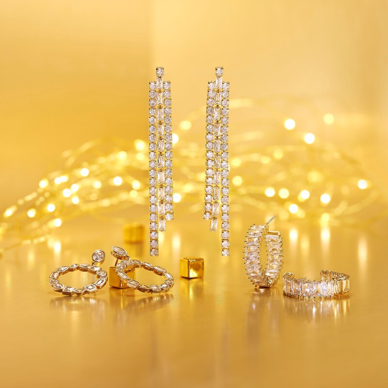 Main Image 4 of Gold Plated Cubic Zirconia Triple Row Drop Earrings