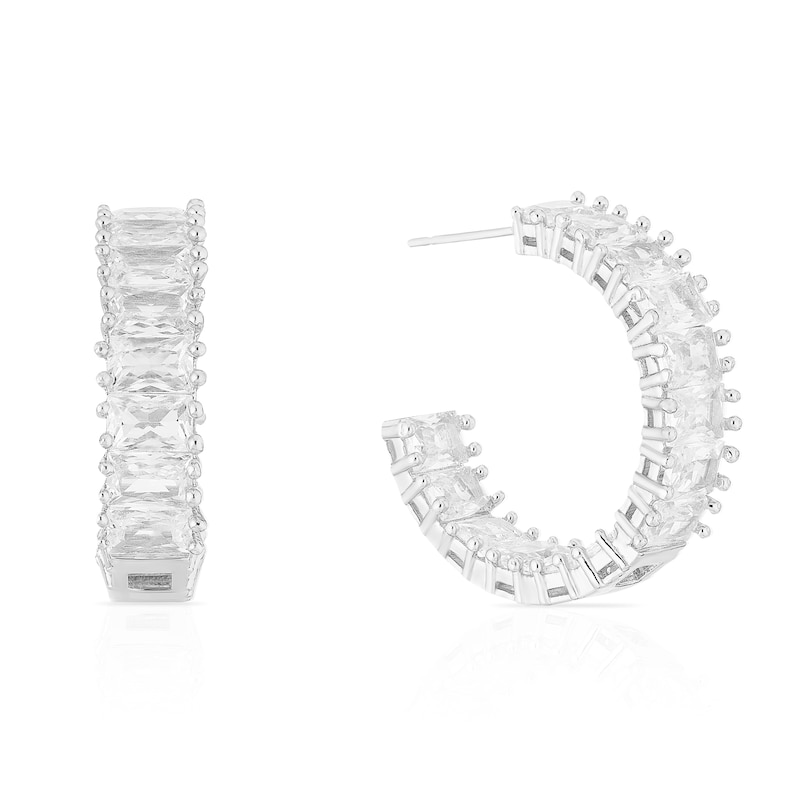 Main Image 1 of Silver Plated Cubic Zirconia Bar Chunky Hoop Earrings