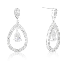 Silver Plated Cubic Zirconia Teardrop Halo Drop Earrings