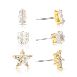 Gold Plated Cubic Zirconia Set Of 3 Stud Earrings