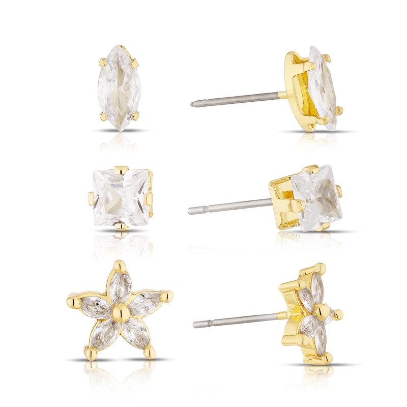 Main Image 1 of Gold Plated Cubic Zirconia Set Of 3 Stud Earrings