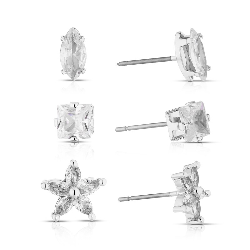 Main Image 1 of Silver Plated Cubic Zirconia Set Of 3 Stud Earrings