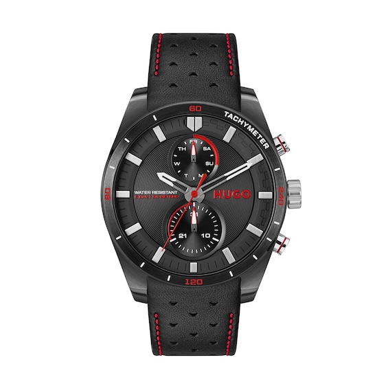 HUGO #FAST Men's Multifunction Black Dial Black Leather Strap Watch