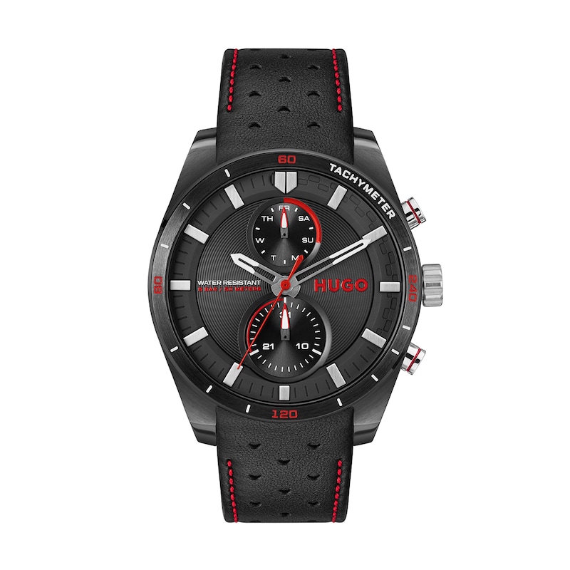 Main Image 1 of HUGO #FAST Men's Multifunction Black Dial Black Leather Strap Watch