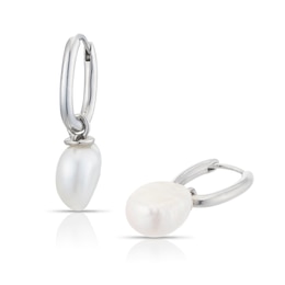 Emmy London Platinum Plated Sterling Silver Baroque Pearl Hoop Earrings