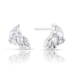 Emmy London Platinum Plated Sterling Silver Marquise & Round Cubic Zirconia Stud Earrings
