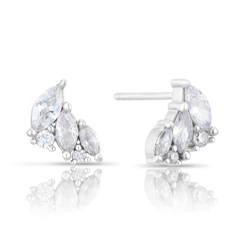 Main Image 1 of Emmy London Platinum Plated Sterling Silver Marquise & Round Cubic Zirconia Stud Earrings