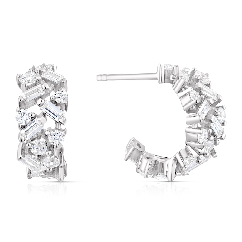 Main Image 1 of Emmy London Platinum Plated Sterling Silver Round & Baguette Cubic Zirconia Chunky Hoop Earrings