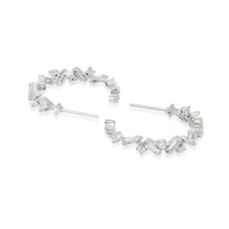 Main Image 2 of Emmy London Platinum Plated Sterling Silver Round & Baguette Cubic Zirconia Cluster Slim Hoop Earrings