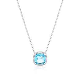 Emmy London Platinum Plated Sterling Silver Light Blue Glass Stone & Cubic Zirconia Halo Necklace