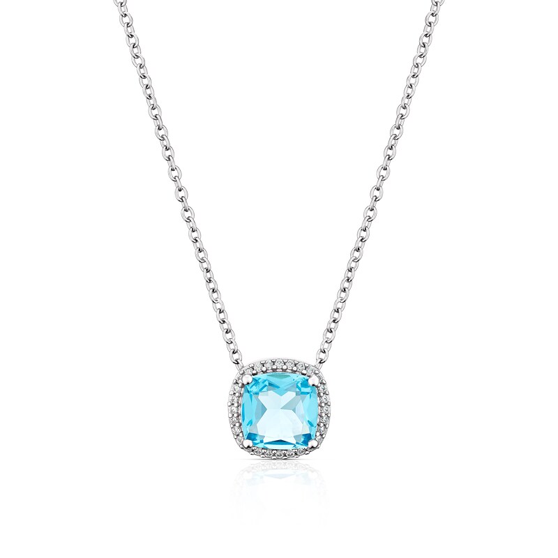 Main Image 1 of Emmy London Platinum Plated Sterling Silver Light Blue Glass Stone & Cubic Zirconia Halo Necklace