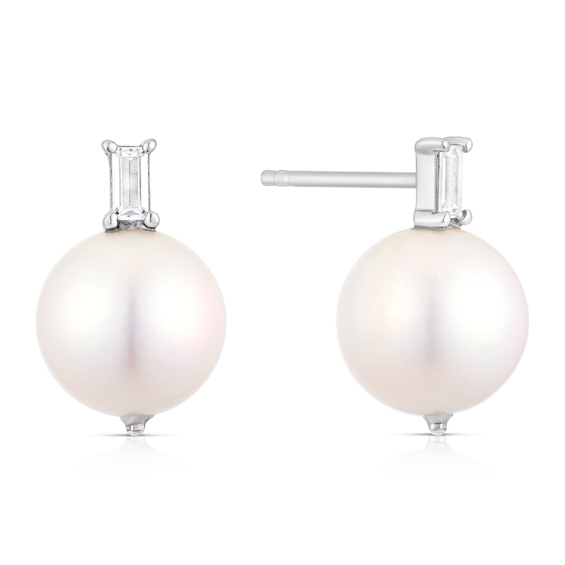 Main Image 1 of Emmy London Platinum Plated Sterling Silver Baguette Cubic Zirconia & Pearl Drop Stud Earrings