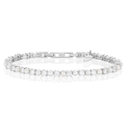Emmy London Platinum Plated Sterling Silver Round Cubic Zirconia & White Pearls Tennis Bracelet