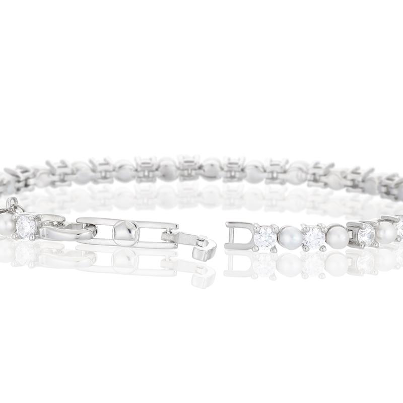 Main Image 3 of Emmy London Platinum Plated Sterling Silver Round Cubic Zirconia & White Pearls Tennis Bracelet