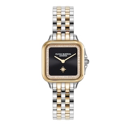 Olivia Burton Grosvenor Ladies' Black Dial Two Tone Gold Tone Bracelet Watch