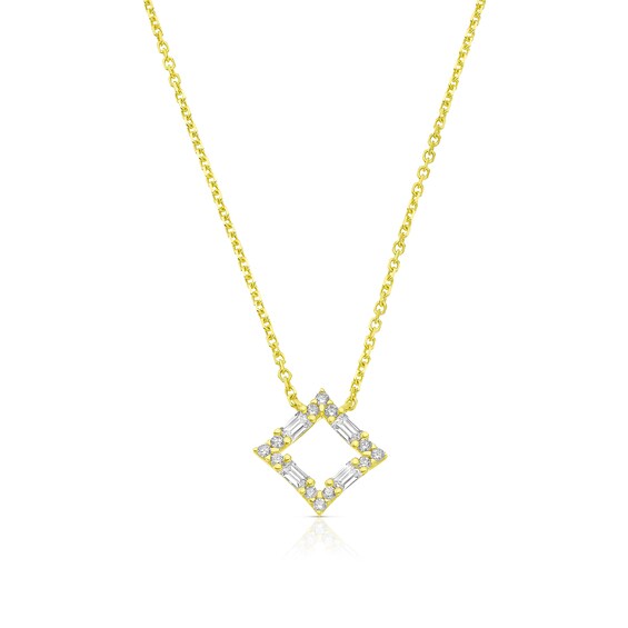9ct Yellow Gold Round and Baguette Cubic Zirconia Open Square Necklace