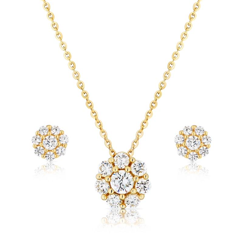 Main Image 1 of 9ct Yellow Gold Cubic Zirconia Flower Cluster Earrings & Pendant Set
