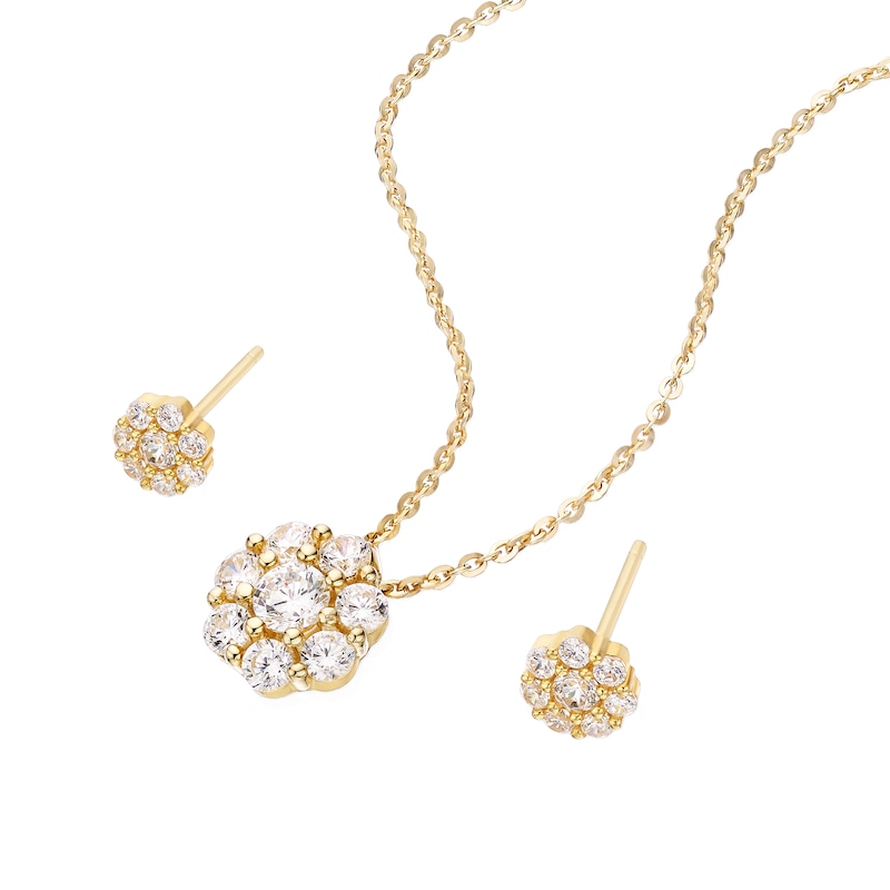 Main Image 2 of 9ct Yellow Gold Cubic Zirconia Flower Cluster Earrings & Pendant Set