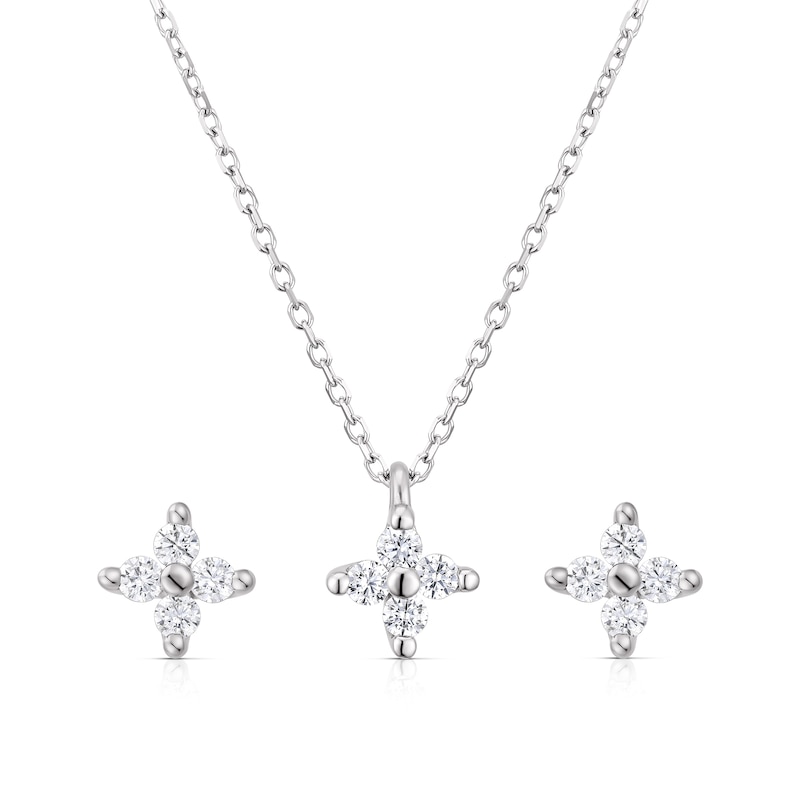 Main Image 1 of 9ct White Gold Cubic Zirconia Flower Earrings & Pendant Set