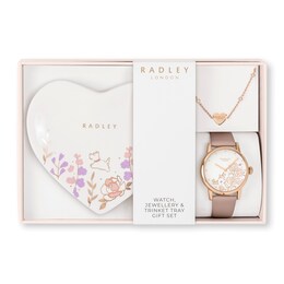 Radley Floral Heart Trinket 18ct Rose Gold Plated Bracelet & Leather Strap Watch Tray Set