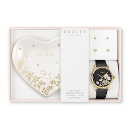 Radley Floral Heart Trinket 18ct Pale Gold Heart Earrings & Black Leather Strap Watch Tray Set